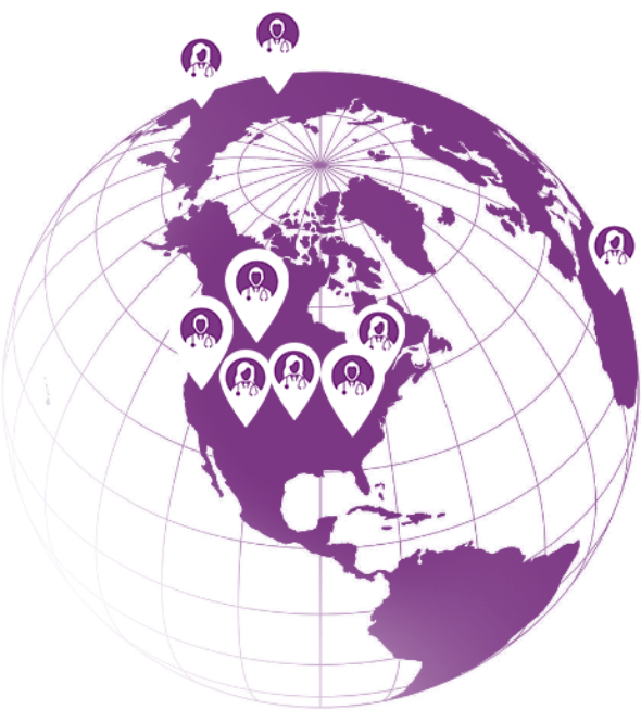 Illustration of a globe highlighting various locations with pinpoint icons containing human silhouettes.