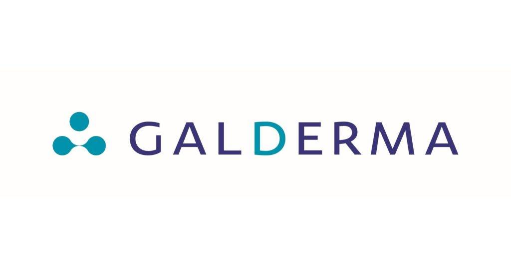 Logo of Galderma with a turquoise dual-dot design and deep purple lettering.