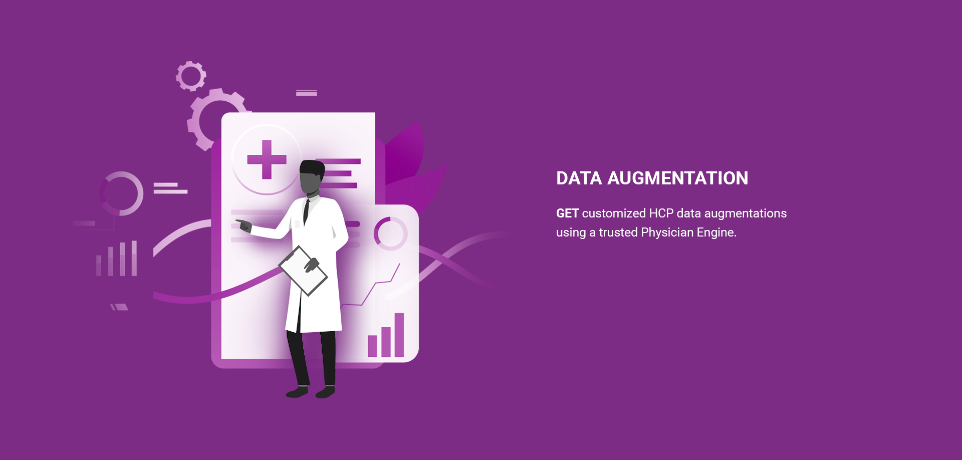 Purple graphic showcasing a healthcare professional with medical tools and data visuals, complemented by the text "DATA AUGMENTATION."