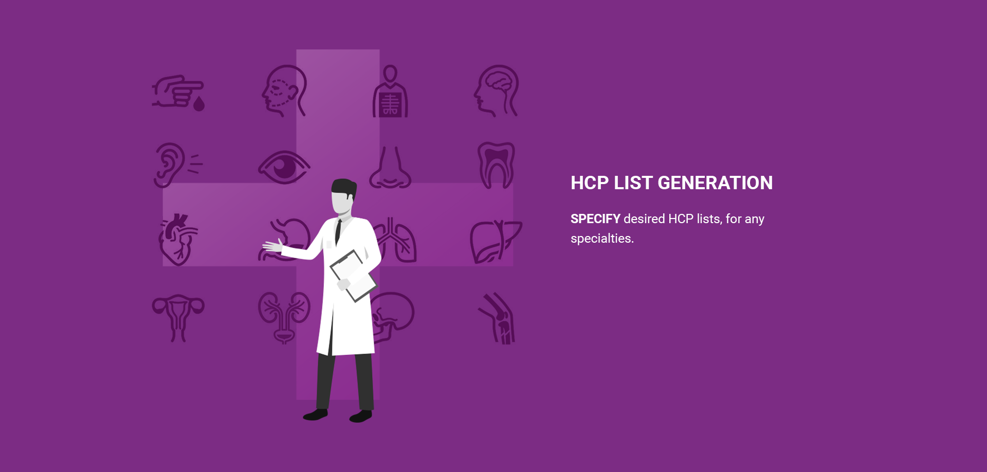 Purple graphic depicting a healthcare professional with various medical icons surrounding, alongside the text "HCP LIST GENERATION."