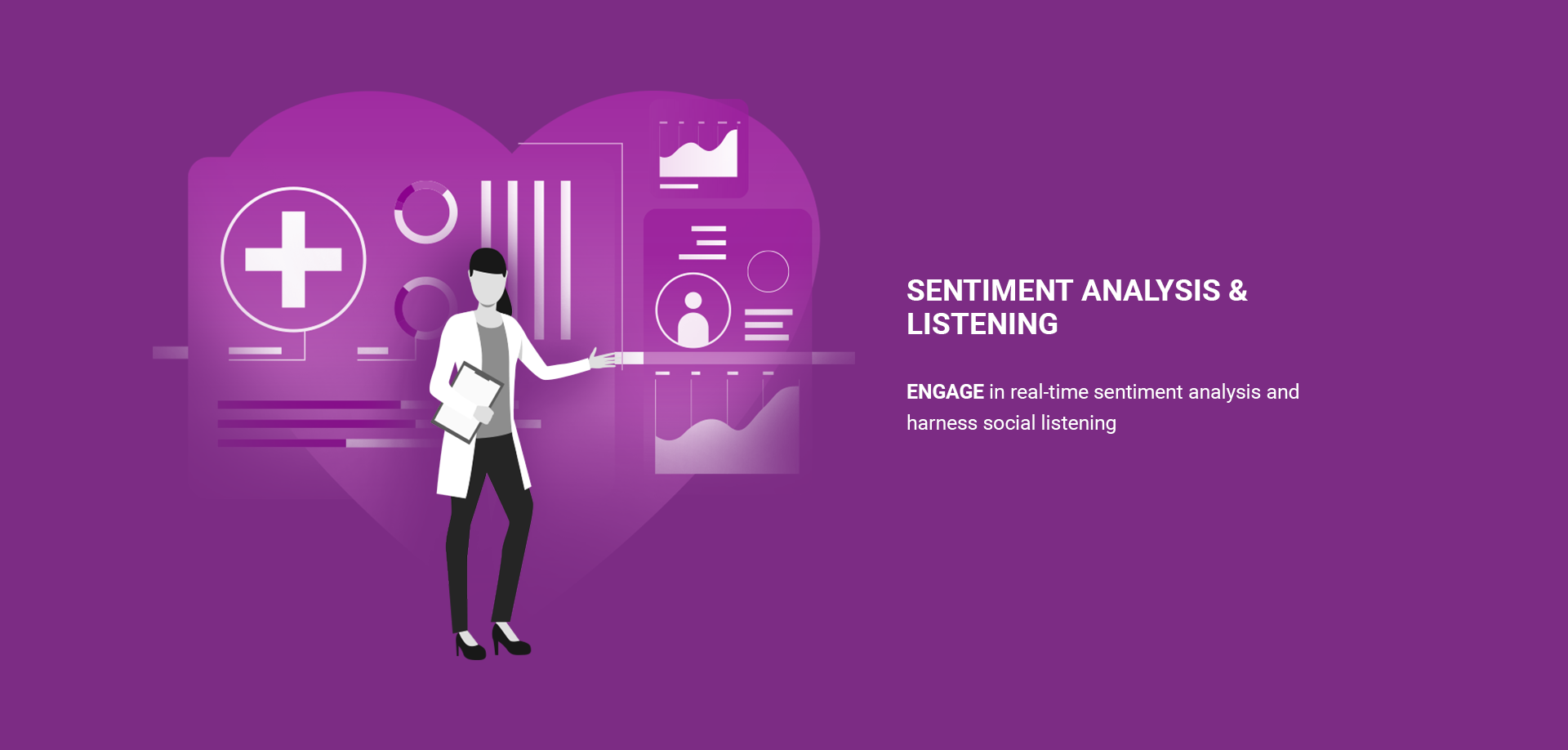 Purple graphic showcasing a physician in front of a heart shape filled with various icons like charts, graphs, and a plus sign, with the text "SENTIMENT ANALYSIS & LISTENING" beside it.