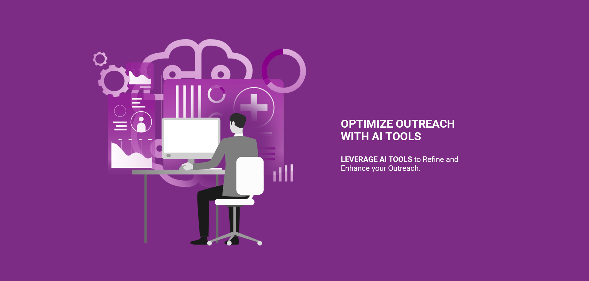 Illustration of a person at a computer desk surrounded by various AI and technology icons highlighting the text "OPTIMIZE OUTREACH WITH AI TOOLS".